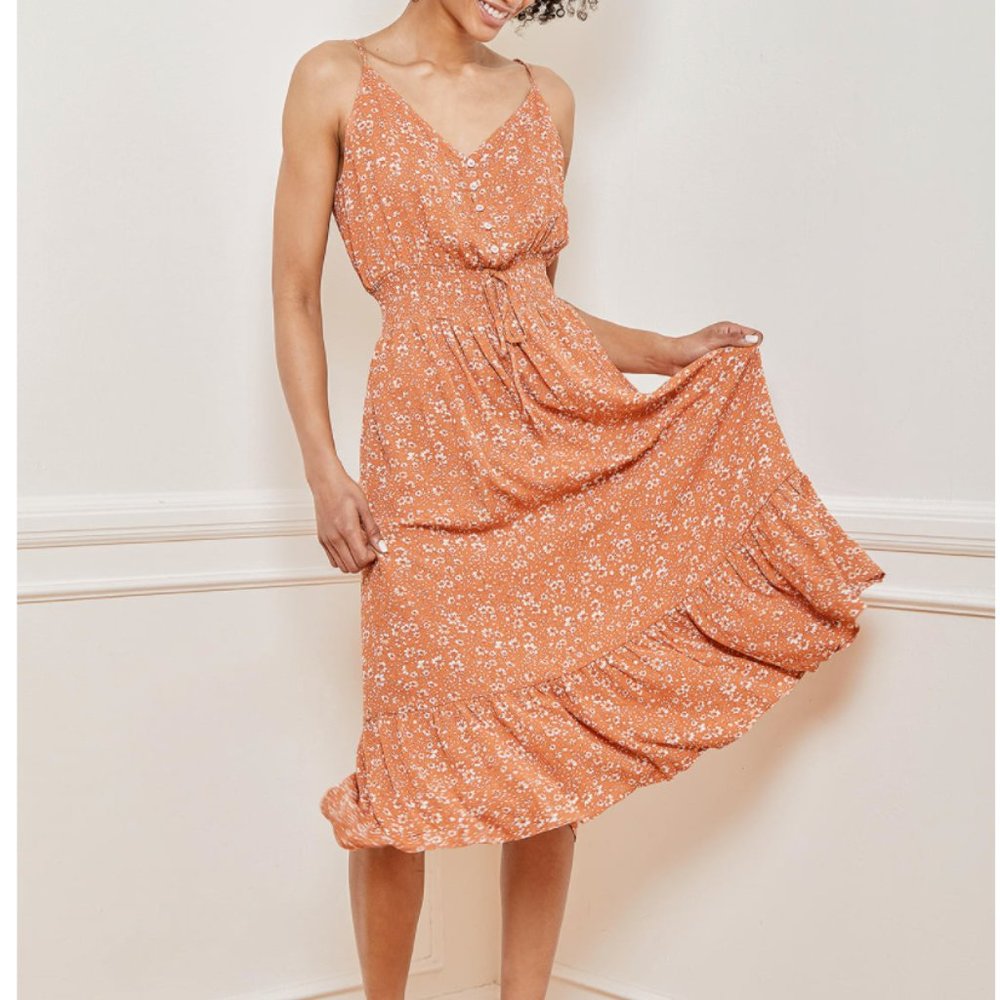 Life is Sweet Orange Floral Tiered Midi Dress